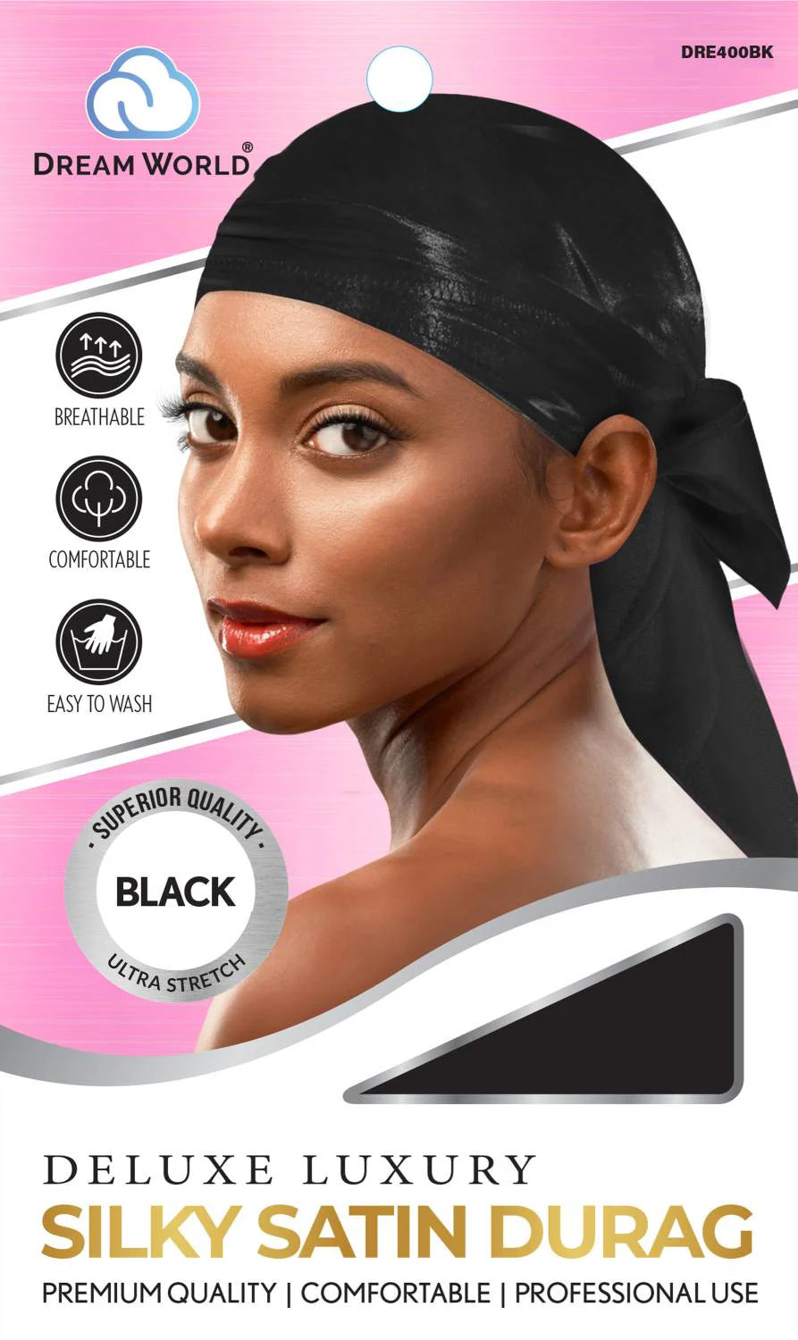 Dream World Deluxe Luxury Silky Satin Durag – Black (DRE400BK)