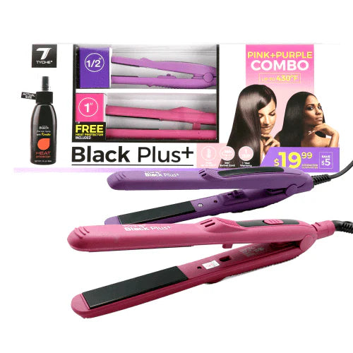 7 TONE Black Plus+ Flat Iron Combo – Pink & Purple Set (0.5" + 1") with Heat Protectant TB300