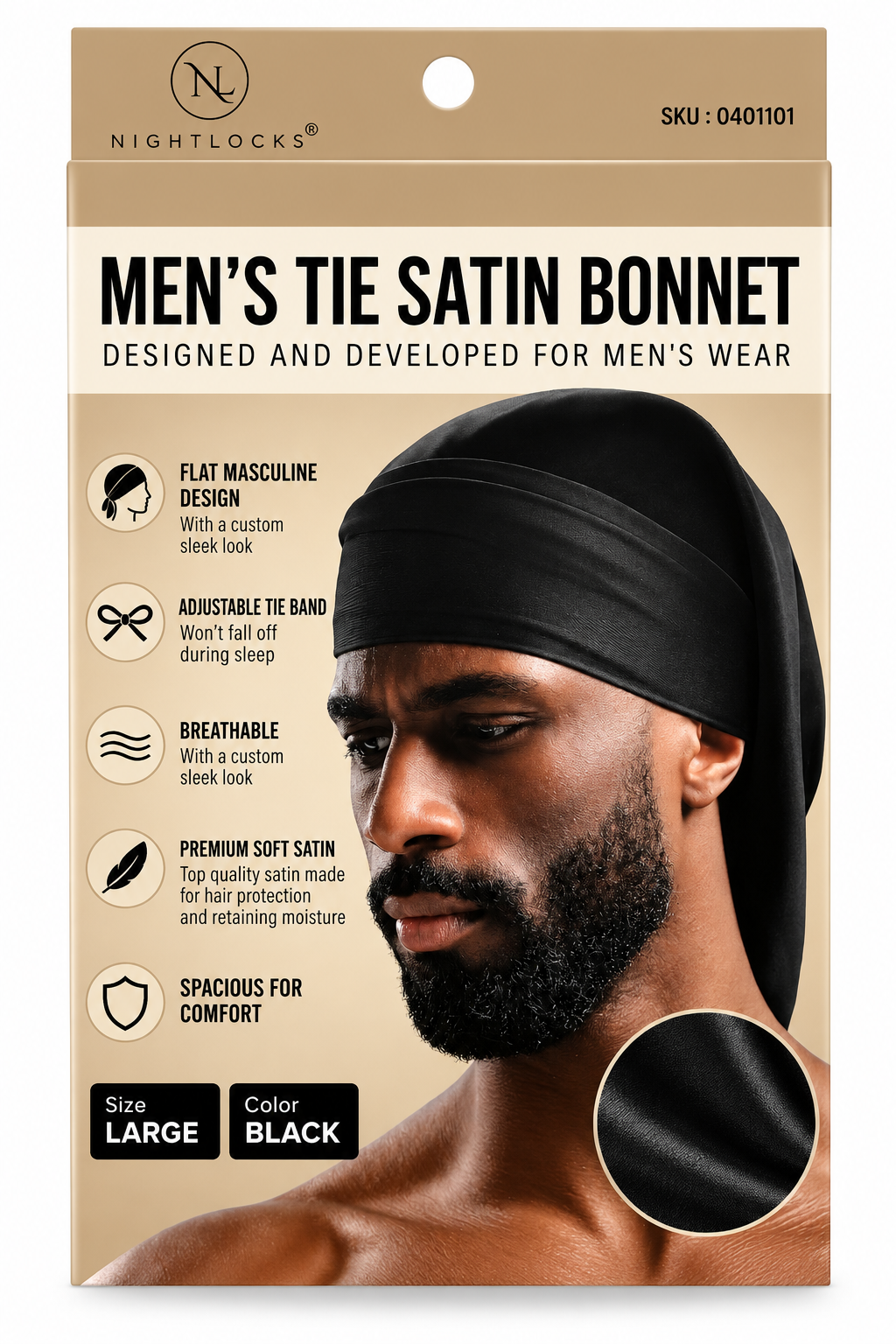 NightLocks Men’s Tie Satin Bonnet Large Black – 0401101