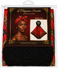L'Élégance Secrète Hair Net Scarf – Satin Head Wrap with Built-In Stretch Hair Net | Red & Gold Chain Print HN021