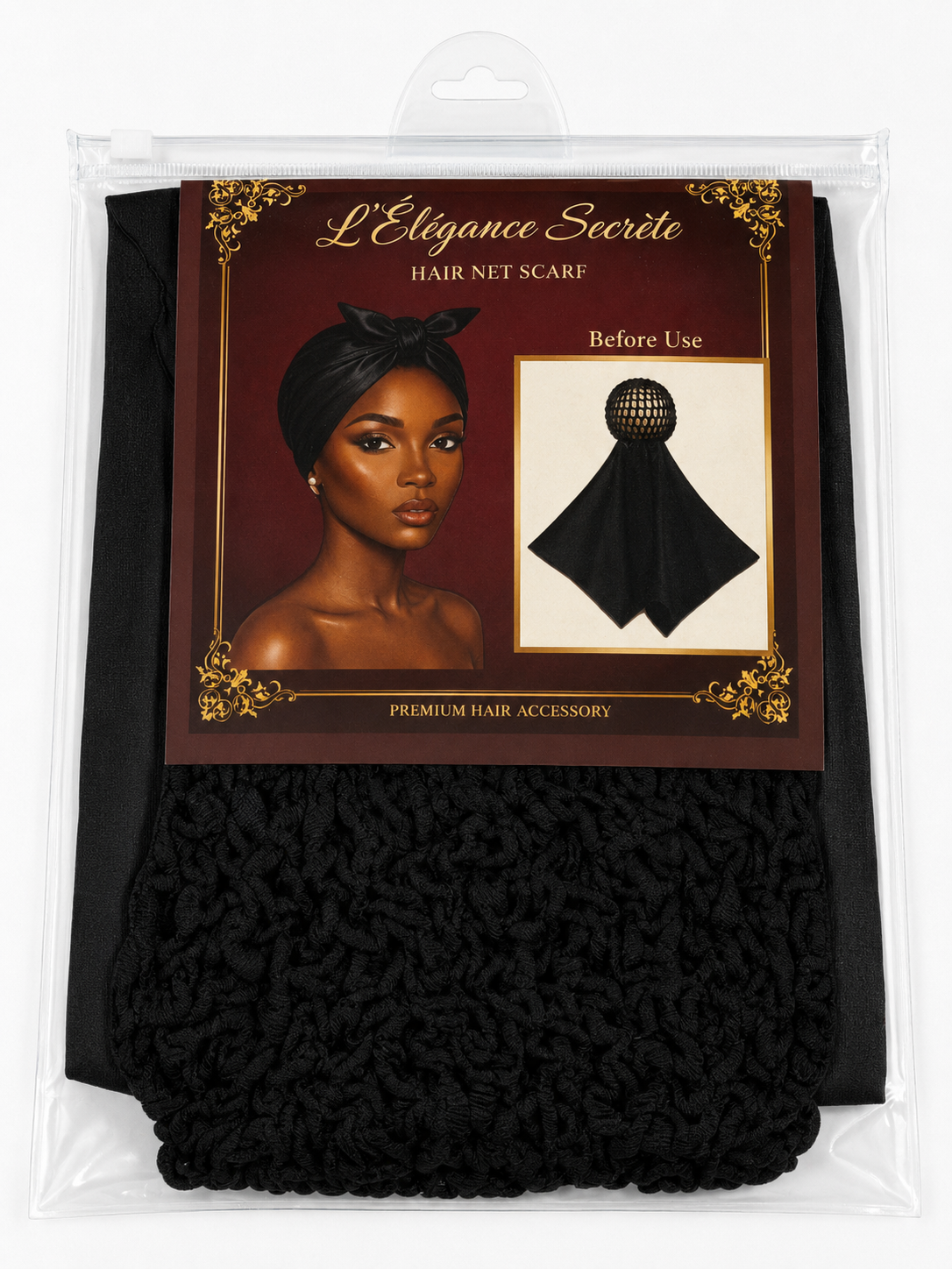L'Élégance Secrète Hair Net Scarf Wrap Cap – Satin Tie Hair Wrap with Built-In Stretch Net – Black HN001