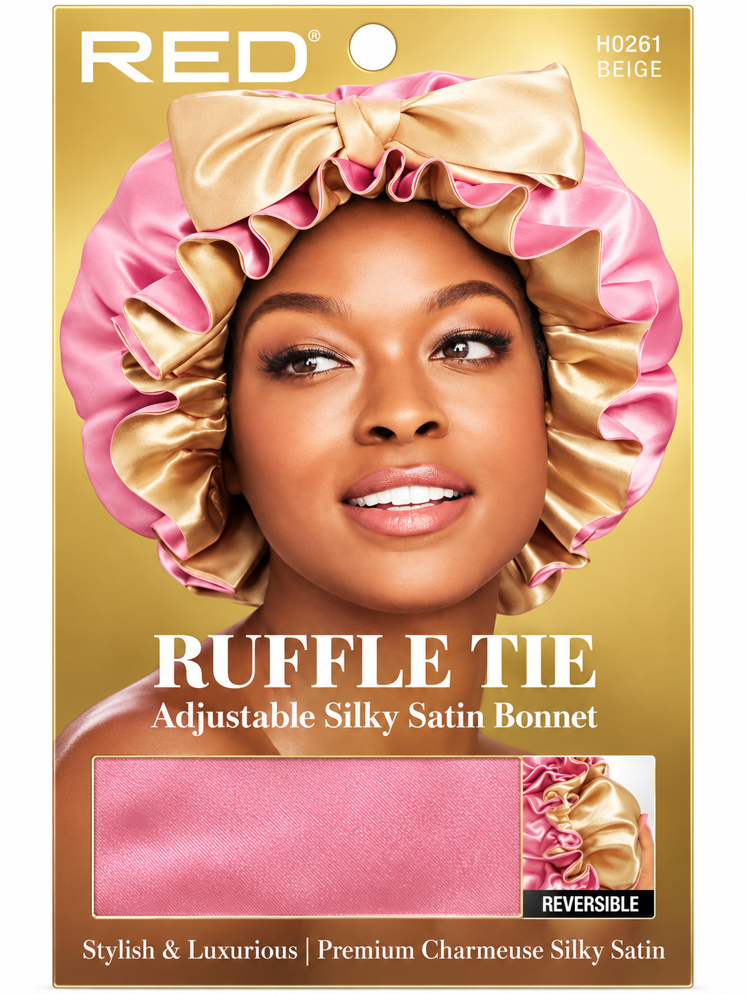 Reversible Satin Ruffle Bonnet with Bow – XL/XXL Jumbo Braid Size, Pink & Gold