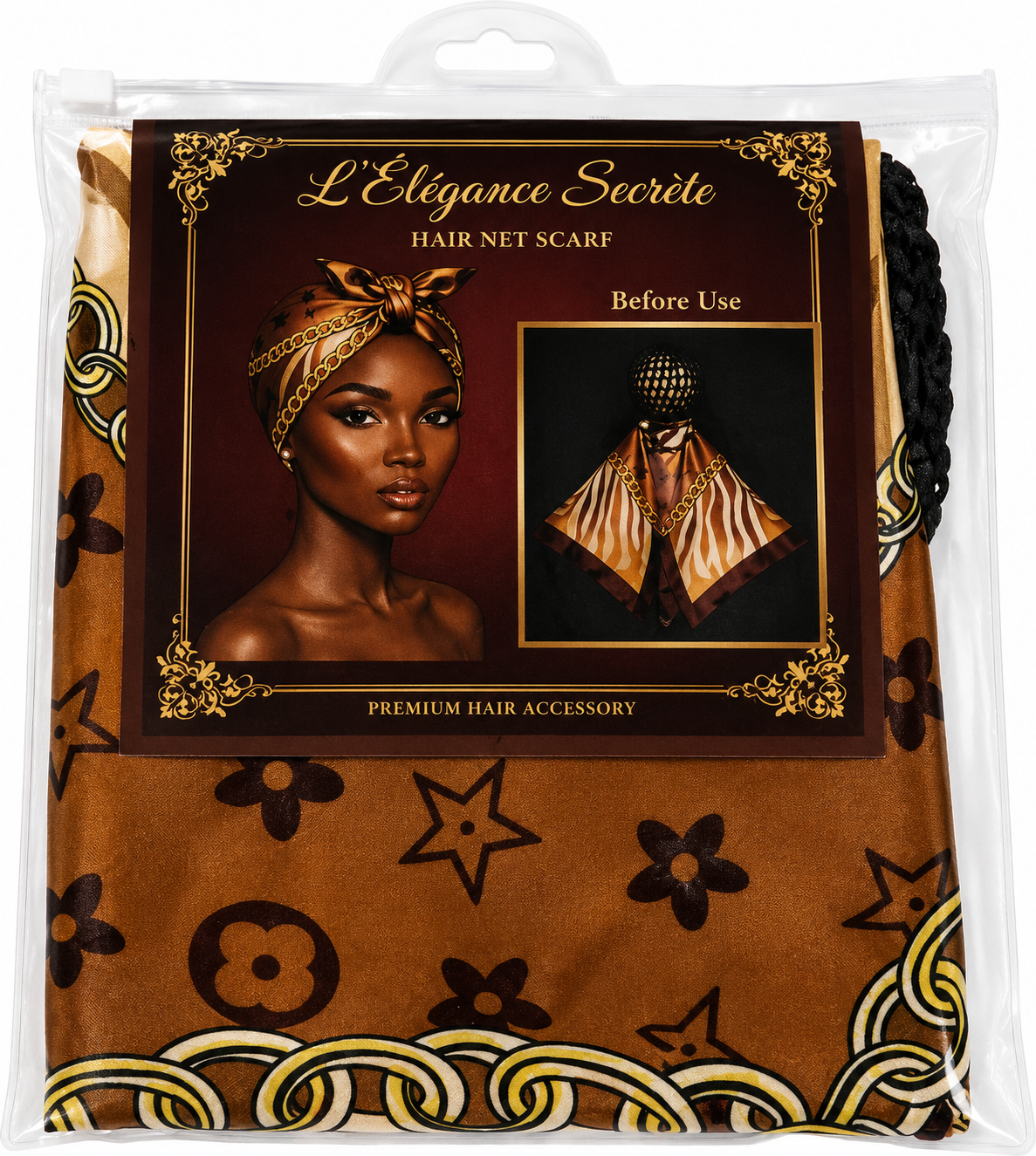 L'Élégance Secrète Hair Net Scarf – Satin Head Wrap with Built-In Stretch Hair Net | Brown Monogram Chain Print HN022