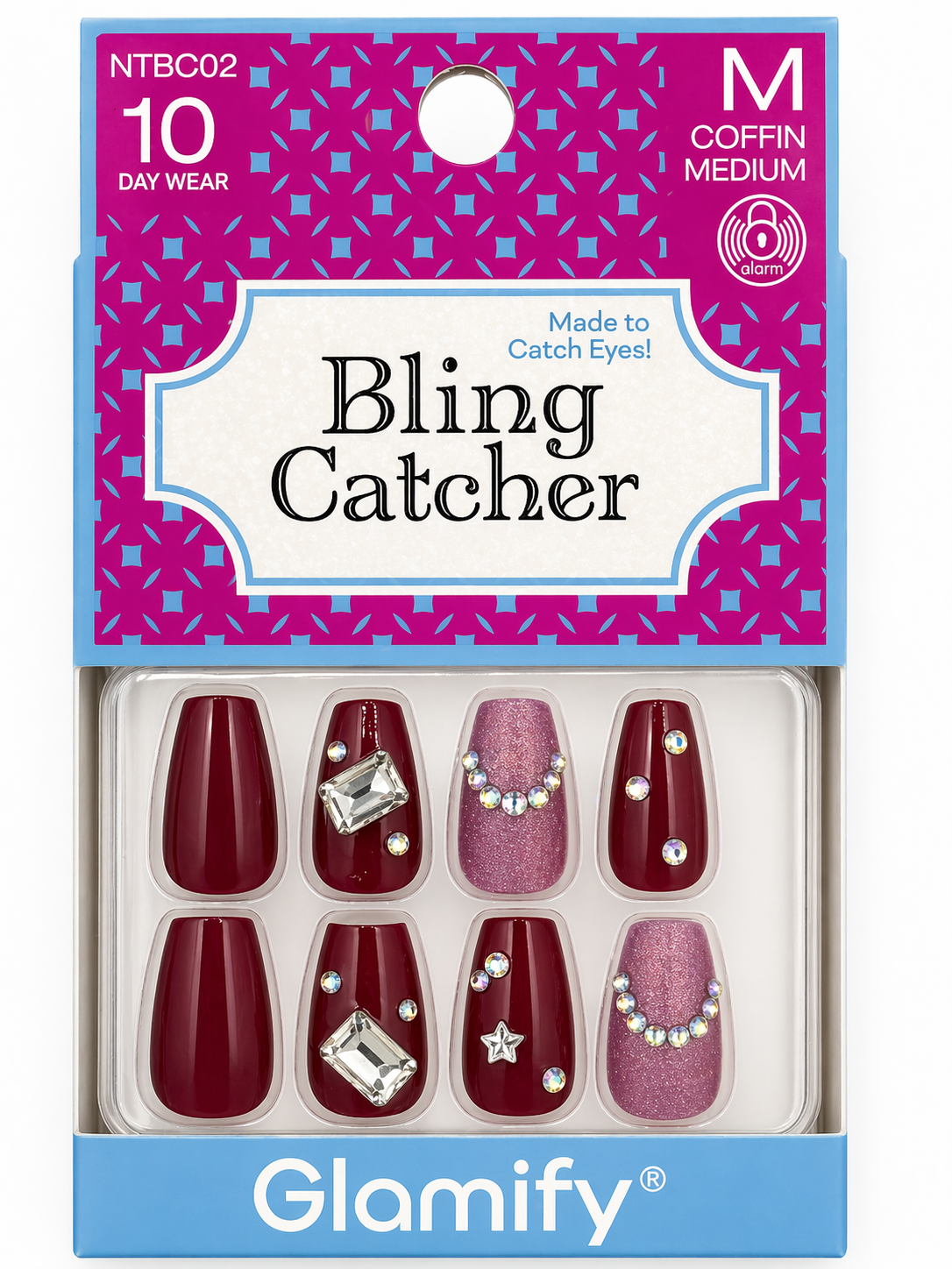 Glamify Bling Catcher Press On Nails Coffin Medium Burgundy Crystal Accent NTBC02 - ANNS BEAUTY SUPPLY