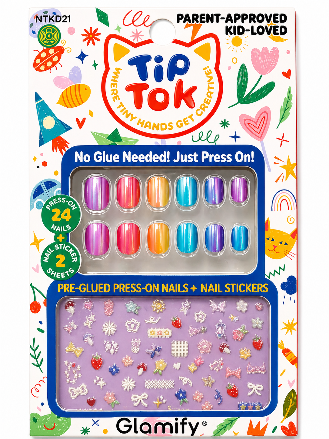 Glamify TipTok Kids Press On Nails Set Rainbow Design with Nail Stickers No Glue Needed 24 Nails NTKD21 - ANNS BEAUTY SUPPLY