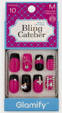 Glamify Bling Catcher Press On Nails Square Medium Pink Black Crystal Accent NTBC08 - ANNS BEAUTY SUPPLY