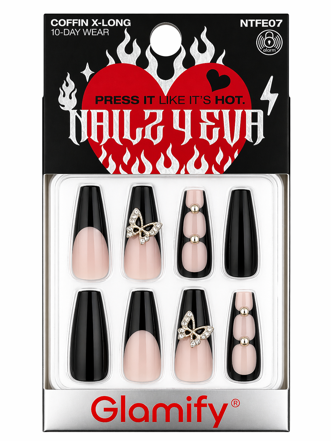 Glamify Press On Nails Coffin X Long Nude Black Butterfly Design NTFE07 - ANNS BEAUTY SUPPLY