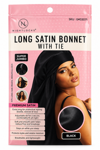 NightLocks Long Satin Bonnet with Tie – Black – 0403071