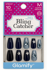 Glamify Bling Catcher Press On Nails Coffin Medium Navy Crystal Accent NTBC07 - ANNS BEAUTY SUPPLY
