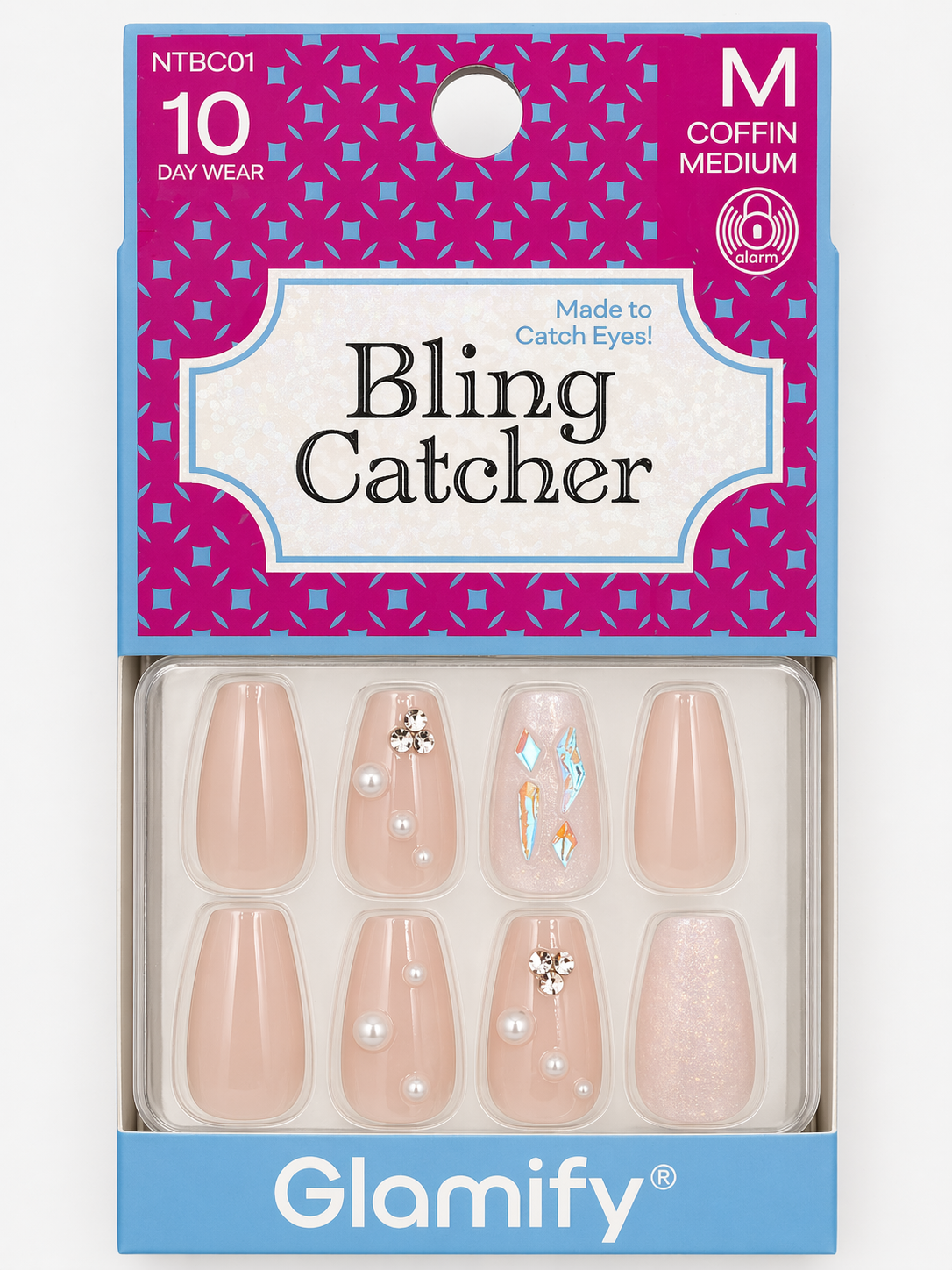 Glamify Bling Catcher Press On Nails Coffin Medium Nude Pearl Crystal Accent NTBC01 - ANNS BEAUTY SUPPLY
