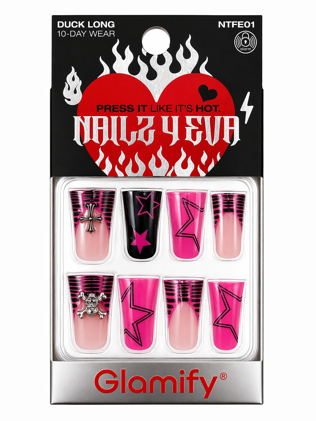Glamify Press On Nails Duck Long Pink Black Star Design NTFE01 - ANNS BEAUTY SUPPLY