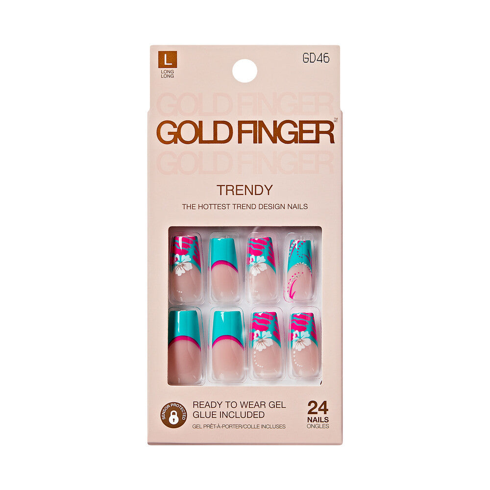 Gold Finger Trendy Ready-to-Wear Gel Nails – Long Coffin Tropical Floral (GD46)