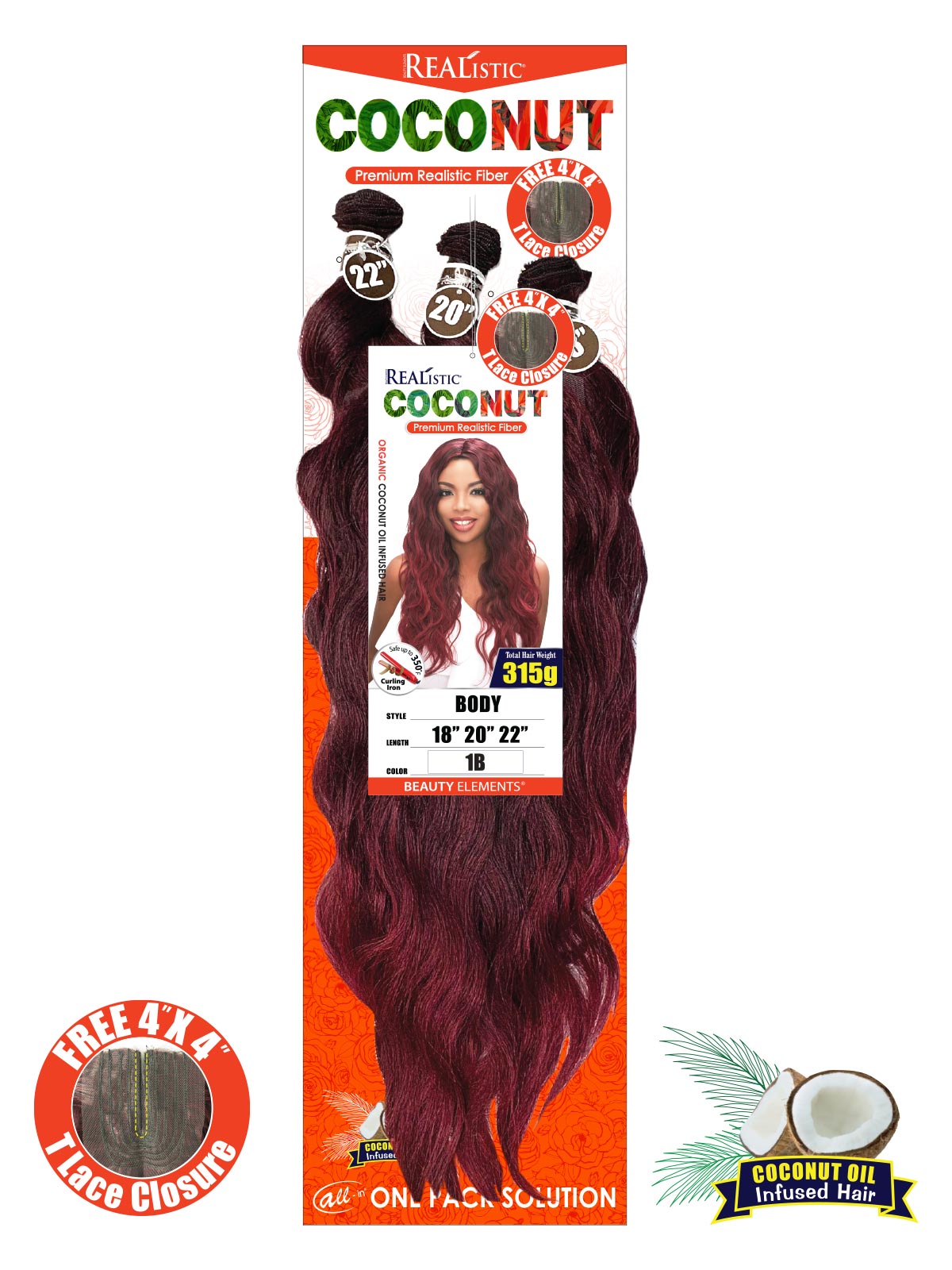 Realistic Coconut Body 18" 20" 22" with 4x4 Closure 1B - ANNS BEAUTY SUPPLY