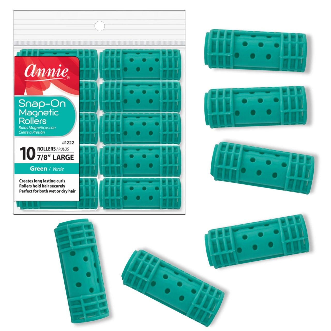Annie Snap-On Magnetic Rollers – Large 7/8" Green 10 Pcs 1222 - ANNS BEAUTY SUPPLY