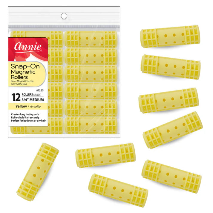 Annie Snap-On Magnetic Rollers – Medium 3/4" Yellow 12 Pcs 1223 - ANNS BEAUTY SUPPLY