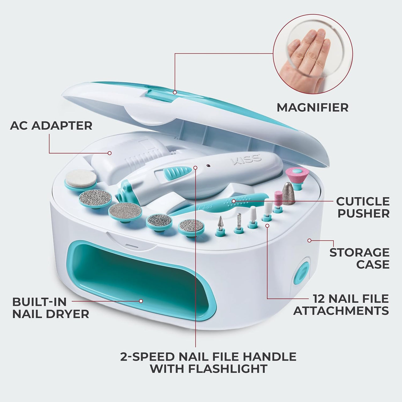 KISS Electric Nail Drill & Dryer Kit – 12 Attachments, Rechargeable 2464N - ANNS BEAUTY SUPPLY