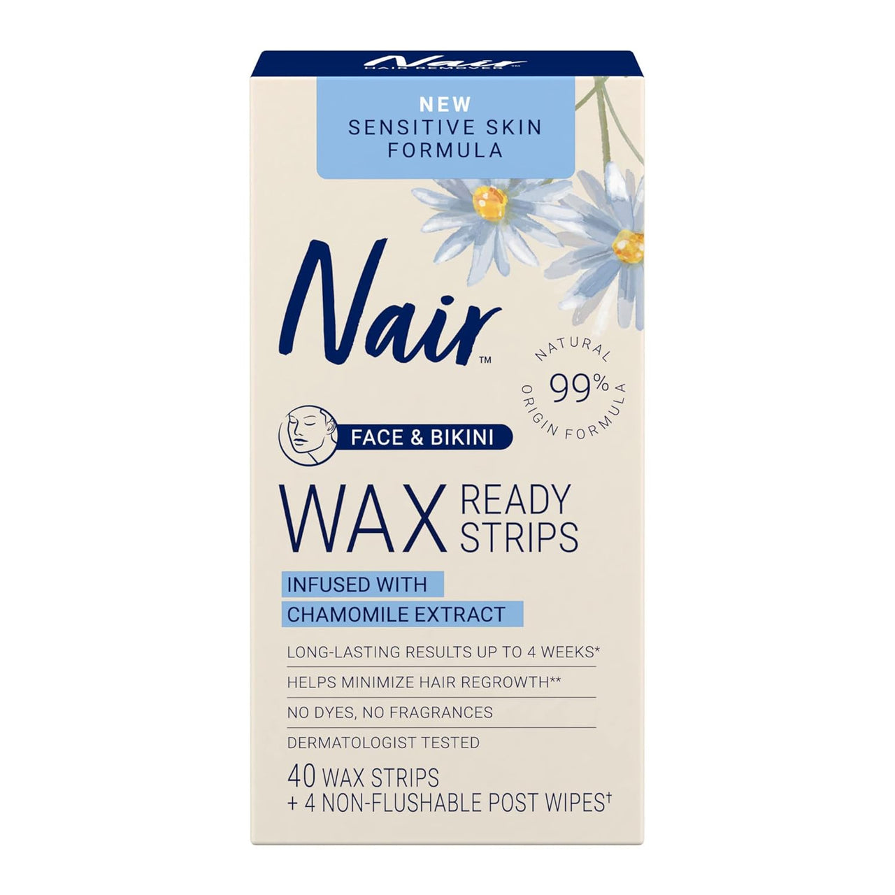 Nair Sensitive Skin Face & Bikini Wax Ready Strips – Chamomile Infused (40 Strips + 4 Wipes) - ANNS BEAUTY SUPPLY