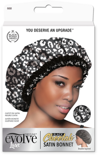 Evolve Luxe Black Cheetah Satin Bonnet 668 - ANNS BEAUTY SUPPLY