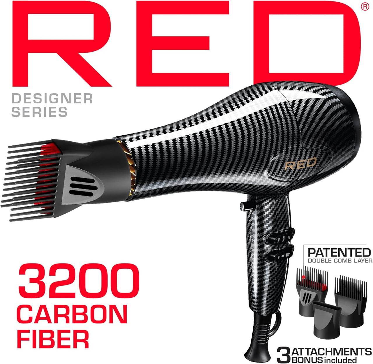 RED Designer Series 3200 Carbon Fiber Hair Dryer Black Carbon Finish with Attachments BD32 - ANNS BEAUTY SUPPLY
