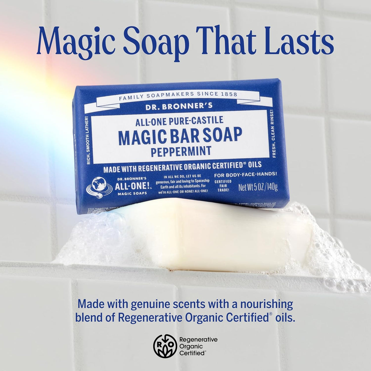 Dr. Bronner's All-One Pure-Castile Peppermint Magic Bar Soap Net Wt 5 Oz / 140g