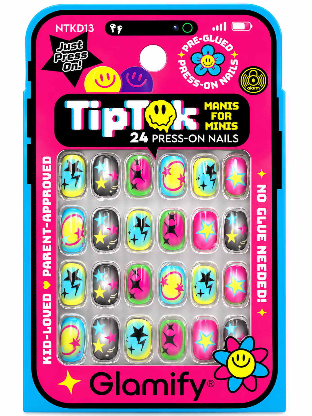 Glamify TipTok Kids Press On Nails Set Neon Star Lightning Design No Glue Needed 24 Nails NTKD13 - ANNS BEAUTY SUPPLY