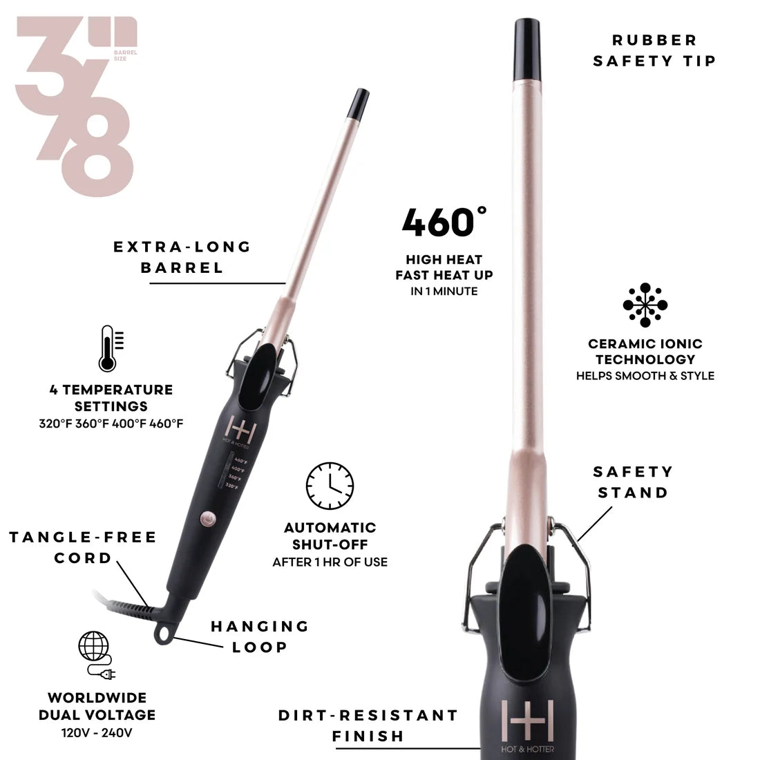 Hot & Hotter Ceramic Tourmaline Extra Long Curling Iron – 3/8" Barrel (#5886)