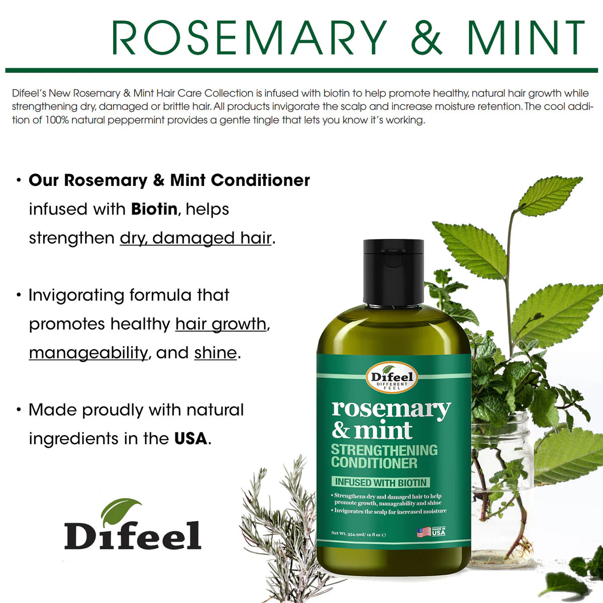 Difeel Rosemary & Mint Strengthening Conditioner Infused with Biotin 12 fl. oz - ANNS BEAUTY SUPPLY