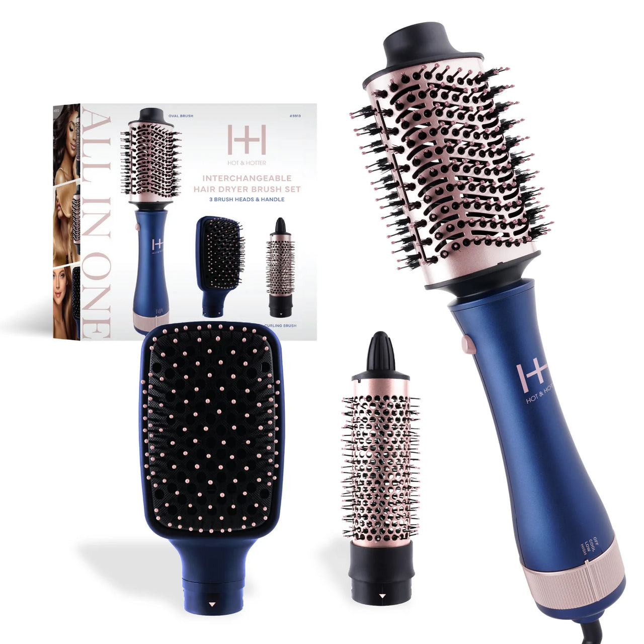 Hot & Hotter All-In-One Interchangeable Hair Dryer Brush, 1 Count Hair Styling Tool Set, Blue - ANNS BEAUTY SUPPLY