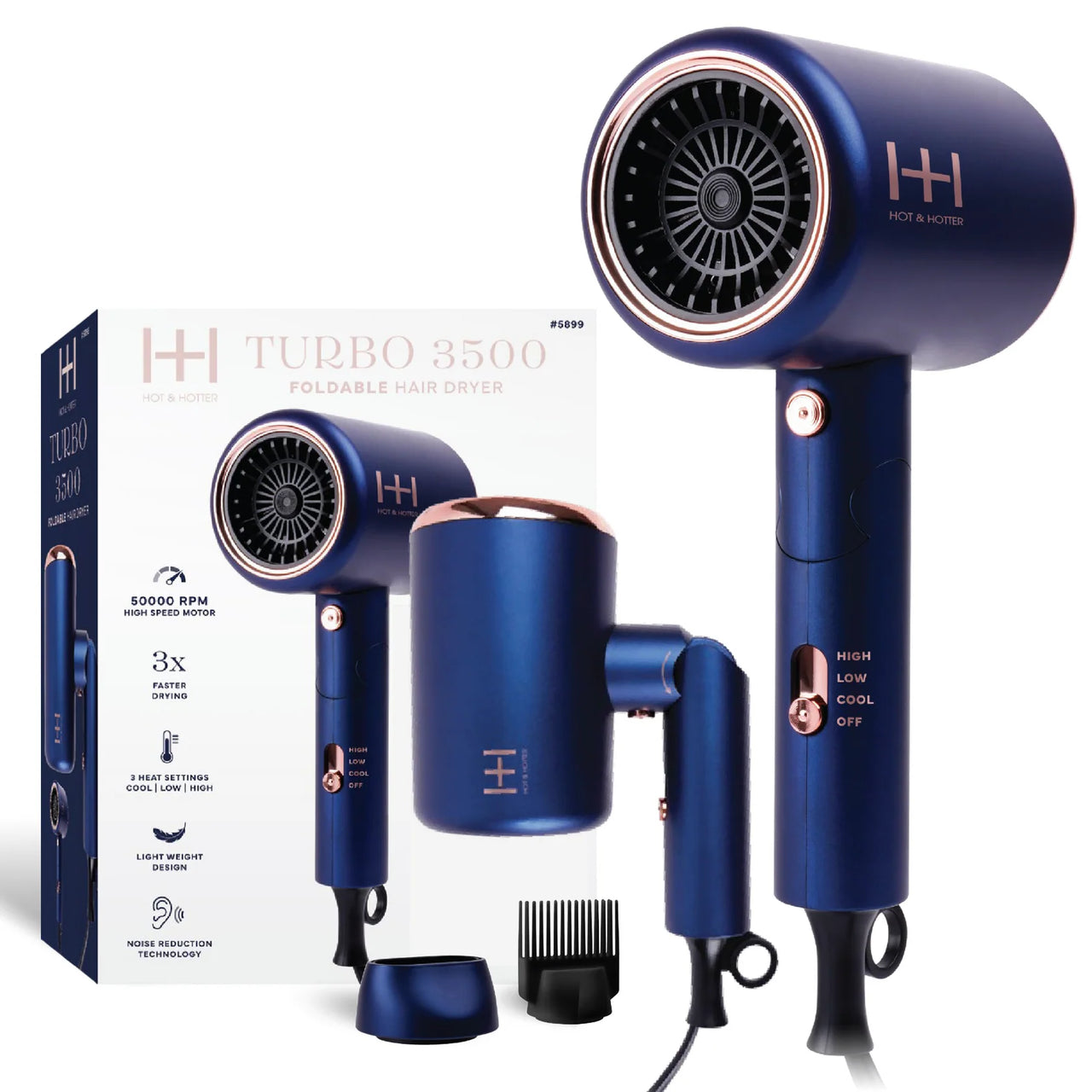 Hot & Hotter Turbo 3500 Foldable Professional Hair Dryer – Royal Blue & Rose Gold (#5899) - ANNS BEAUTY SUPPLY