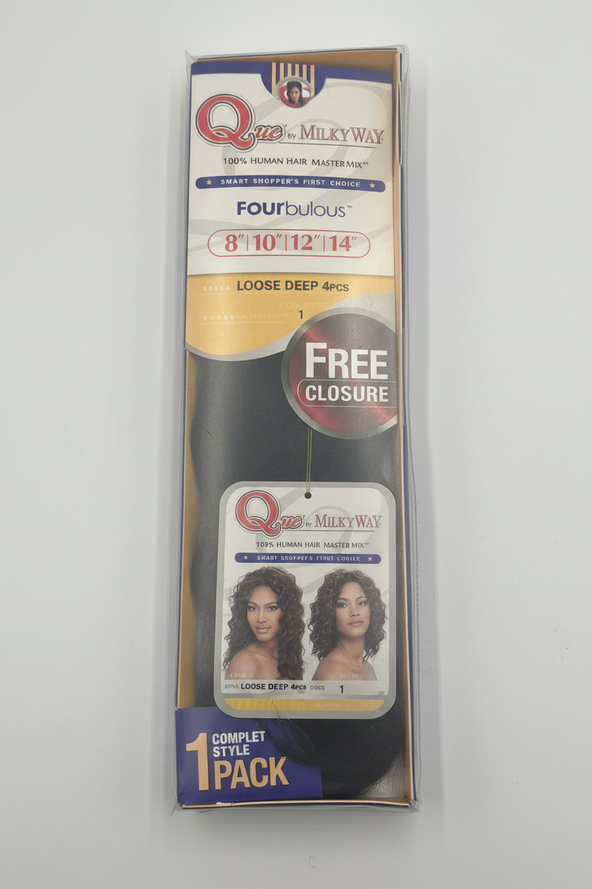 Que by MilkyWay FOURbulous Loose Deep 4Pcs (8"/10"/12"/14") + Free Closure - ANNS BEAUTY SUPPLY