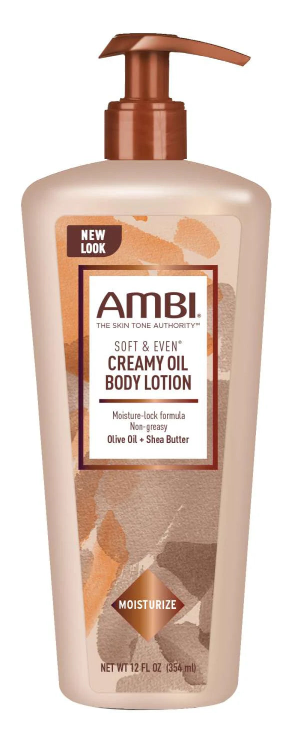 AMBI Soft & Even Creamy Oil Body Lotion 12 fl oz – Moisture-Lock Formula with Olive Oil & Shea Butter