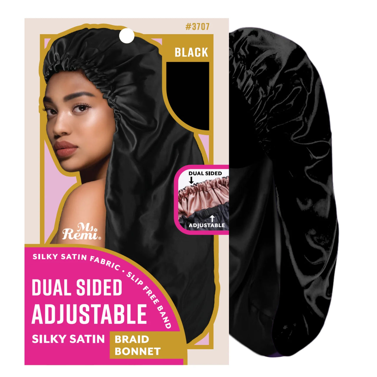 Ms. Remi Dual Sided Adjustable Silky Satin Braid Bonnet Black #3707 - ANNS BEAUTY SUPPLY