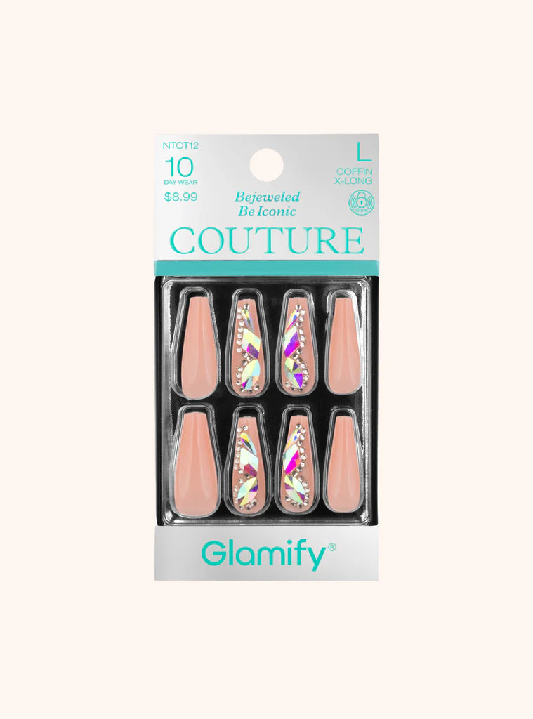 Glamify Couture Press On Nails Coffin X Long Nude Multi Crystal Accent NTCT12 - ANNS BEAUTY SUPPLY