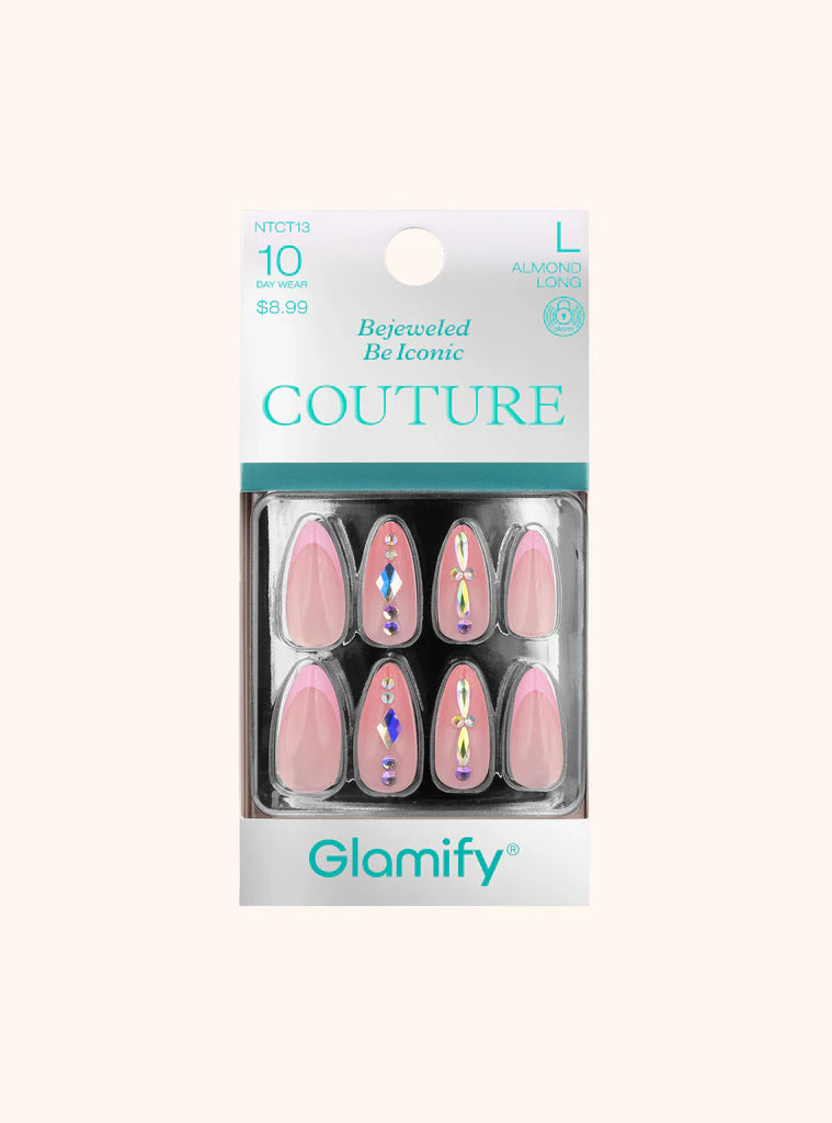 Glamify Couture Press On Nails Almond Long Nude Iridescent Crystal Accent NTCT13 - ANNS BEAUTY SUPPLY