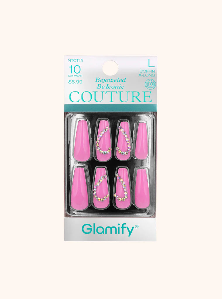 Glamify Couture Press On Nails Coffin X Long Pink Crystal Accent NTCT15 - ANNS BEAUTY SUPPLY