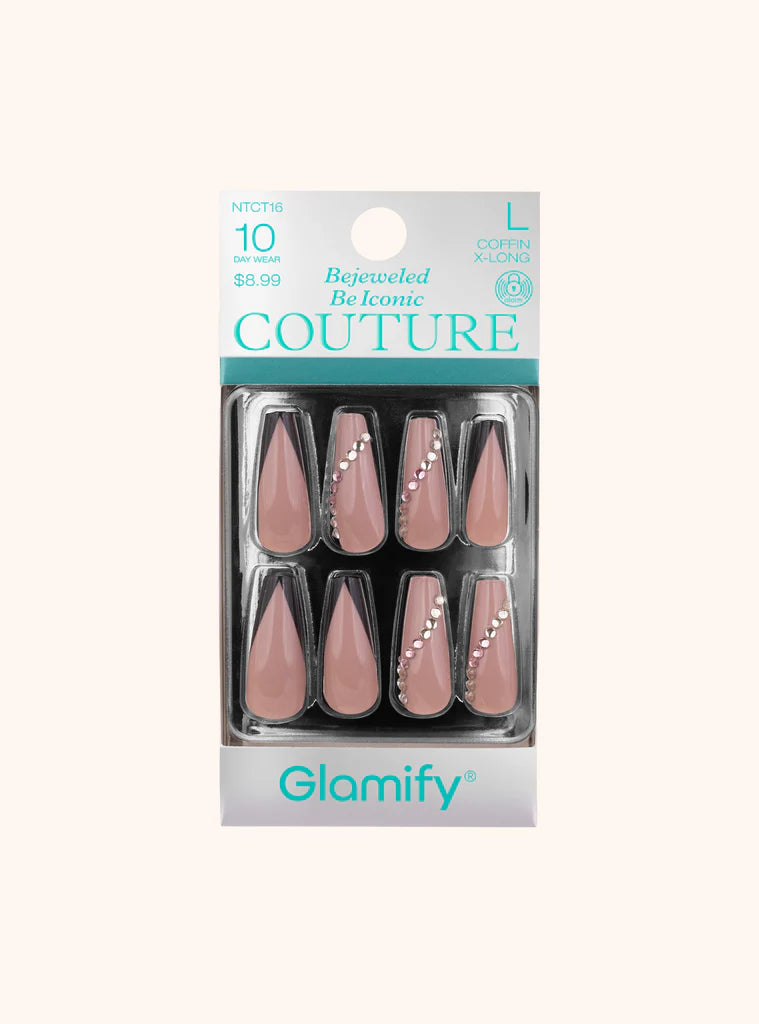 Glamify Couture Press On Nails Coffin X Long Nude Crystal Accent NTCT16 - ANNS BEAUTY SUPPLY