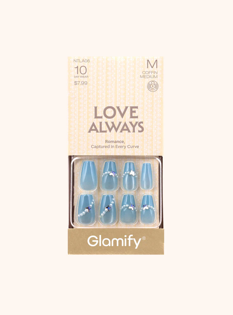 Glamify Love Always Press On Nails Coffin Medium Sky Blue Pearl Accent NTLA06 - ANNS BEAUTY SUPPLY