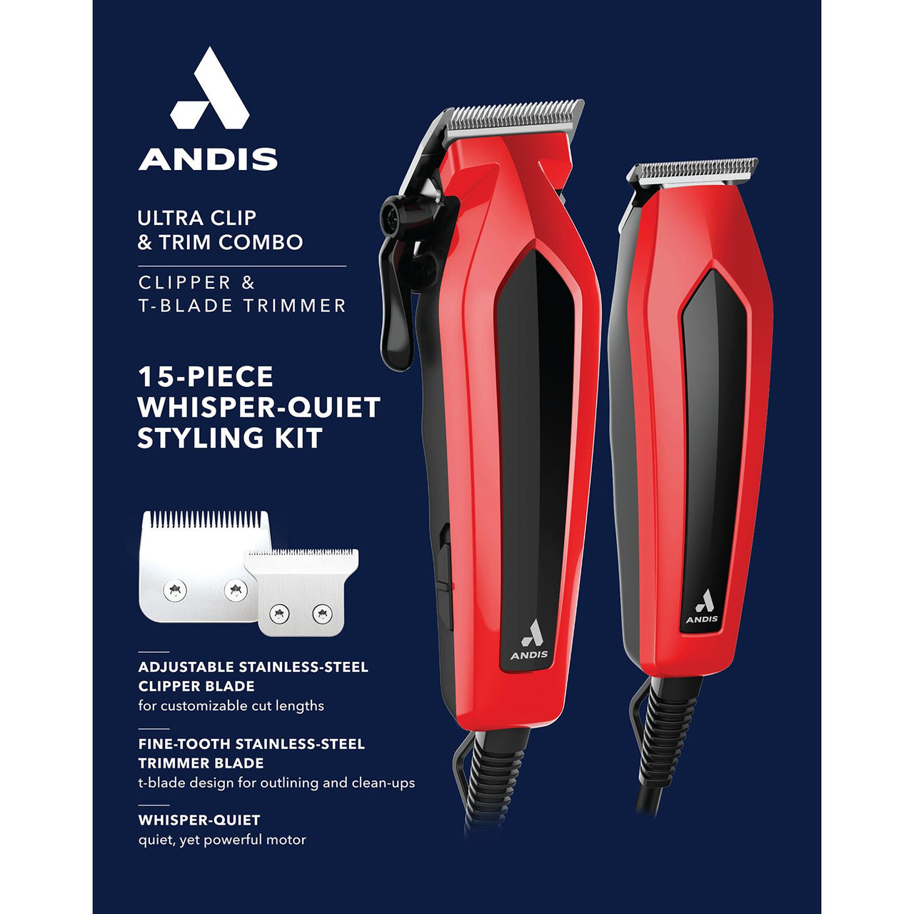 Andis Ultra Clip & Trim Combo Clipper & T-Blade Trimmer 15-Piece Whisper-Quiet Styling Kit - ANNS BEAUTY SUPPLY