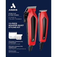 Andis Ultra Clip & Trim Combo Clipper & T-Blade Trimmer 15-Piece Whisper-Quiet Styling Kit - ANNS BEAUTY SUPPLY
