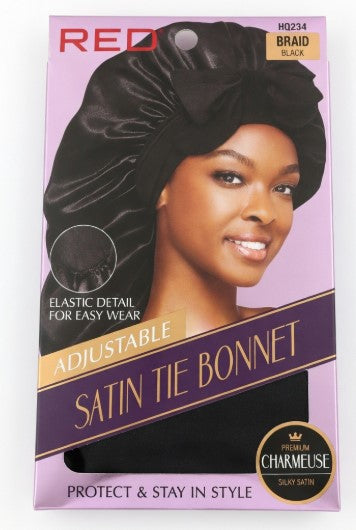 Red Premium Satin Tie Bonnet Adjustable Charmeuse Braid Black HQ234 - ANNS BEAUTY SUPPLY