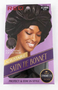 RED by Kiss Adjustable Satin Tie Bonnet – X-Large (Black) HQ230 - ANNS BEAUTY SUPPLY