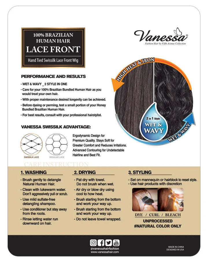 Vanessa 100% Brazilian Human Hair 13x5 Hand-Tied Swissilk Lace Front Wig THH WetWave - ANNS BEAUTY SUPPLY