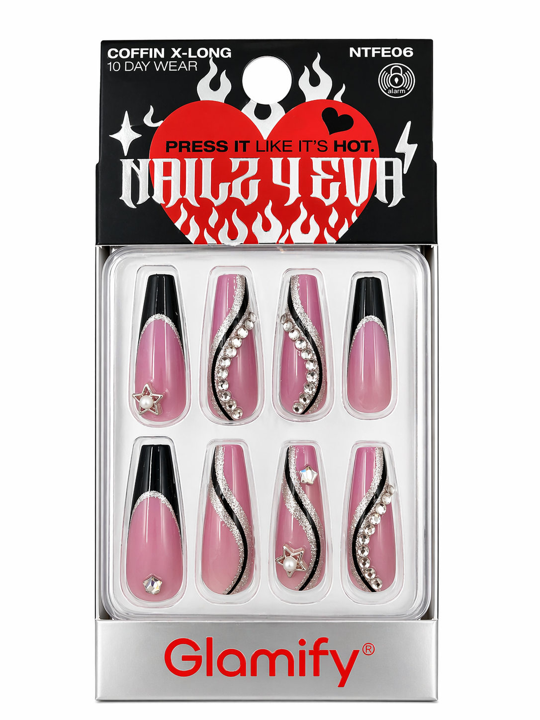 Glamify Press It Like It’s Hot Press On Nails Coffin X Long Black Tip Rhinestone Design NTFE06 - ANNS BEAUTY SUPPLY