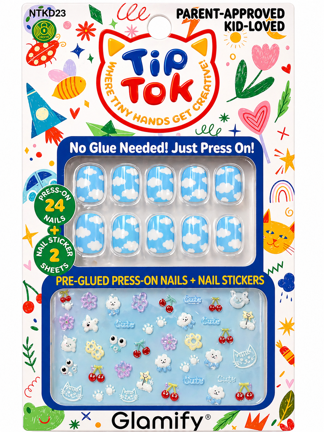 Glamify TipTok Kids Press On Nails Set Cloud Design with Nail Stickers No Glue Needed 24 Nails NTKD23 - ANNS BEAUTY SUPPLY