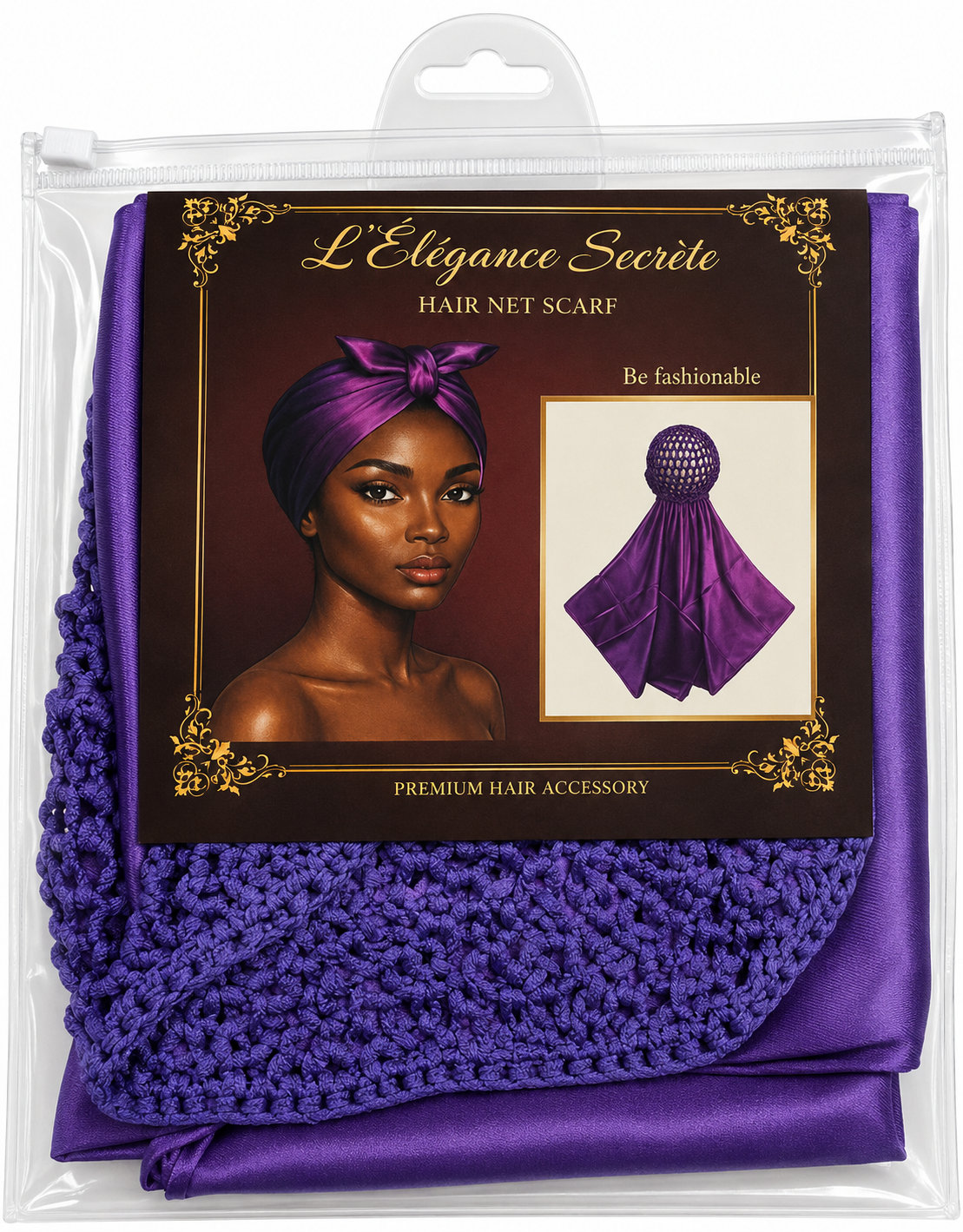 L'Élégance Secrète Premium Hair Net Scarf – Satin Hair Wrap with Stretch Crochet Hair Net – Purple HN004