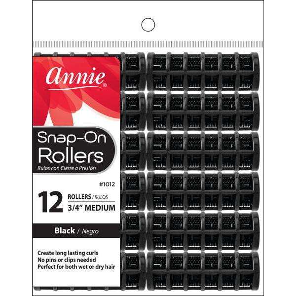 Annie Snap-On Rollers Size M 12Ct Black 1012 - ANNS BEAUTY SUPPLY