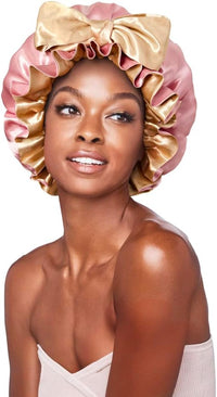 Pink and gold reversible satin ruffle bonnet with bow