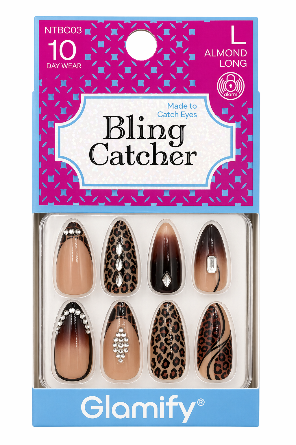Glamify Bling Catcher Press On Nails Almond Long Leopard Rhinestone Design NTBC03 - ANNS BEAUTY SUPPLY