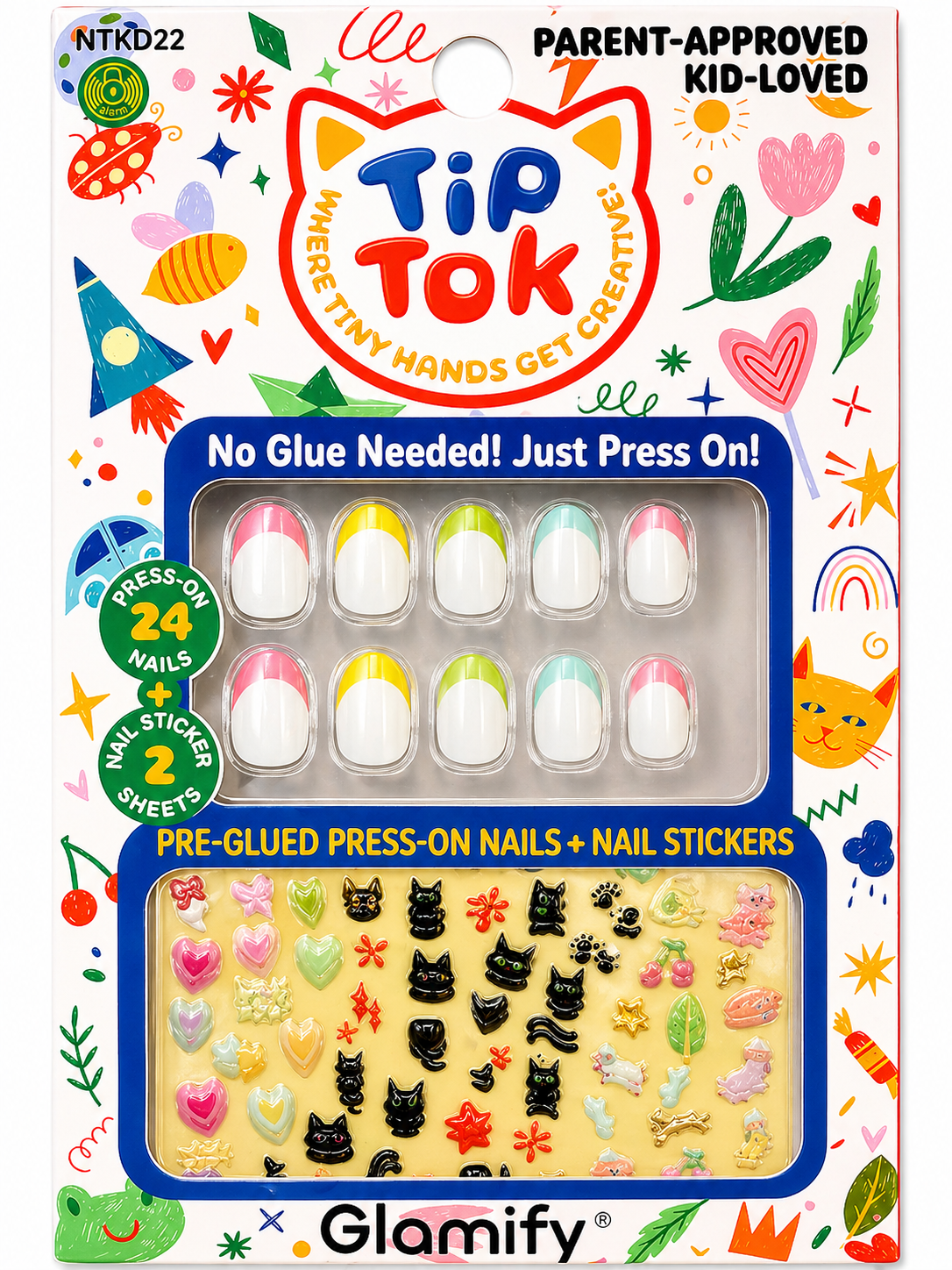 Glamify TipTok Kids Press On Nails Set Color Tip French Design with Nail Stickers No Glue Needed 24 Nails NTKD22 - ANNS BEAUTY SUPPLY