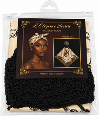 L'Élégance Secrète Premium Hair Net Scarf – Satin Hair Wrap with Stretch Crochet Hair Net – Black & Beige Print HN006